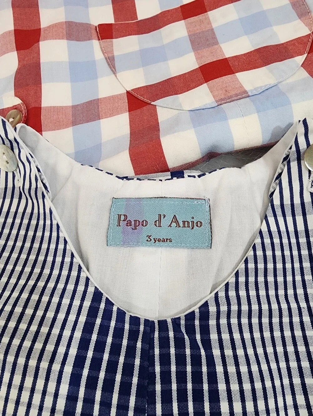 Papo d'Anjo Rompers, Size 3 Years, 3 Pieces, Blue Stripe, Red Plaid & Brown